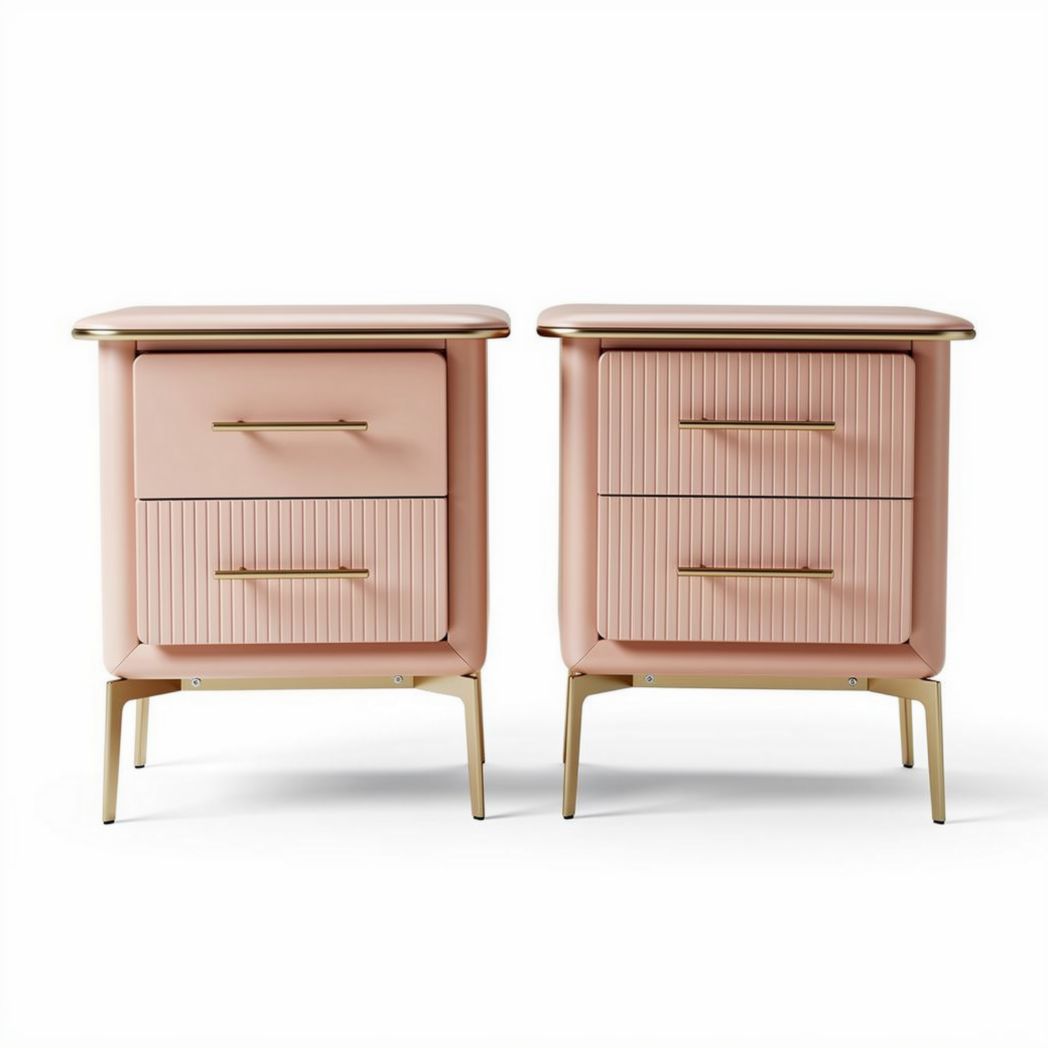 Table de chevet en métal rose avec deux tiroirs et poignées dorées 60 x 40 x 50cm