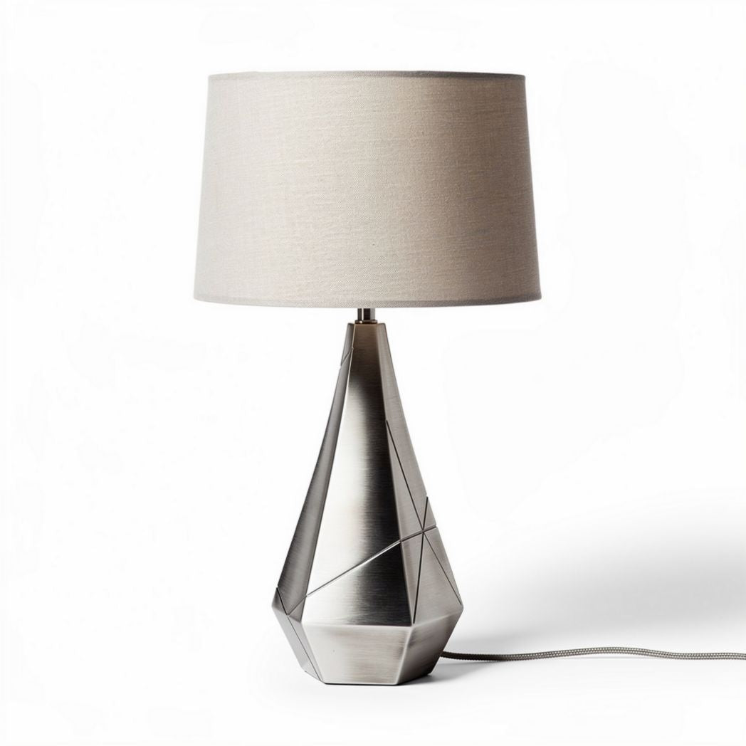 Lampe de table géométrique en métal argenté avec abat-jour en lin 20 x 20 x 40cm