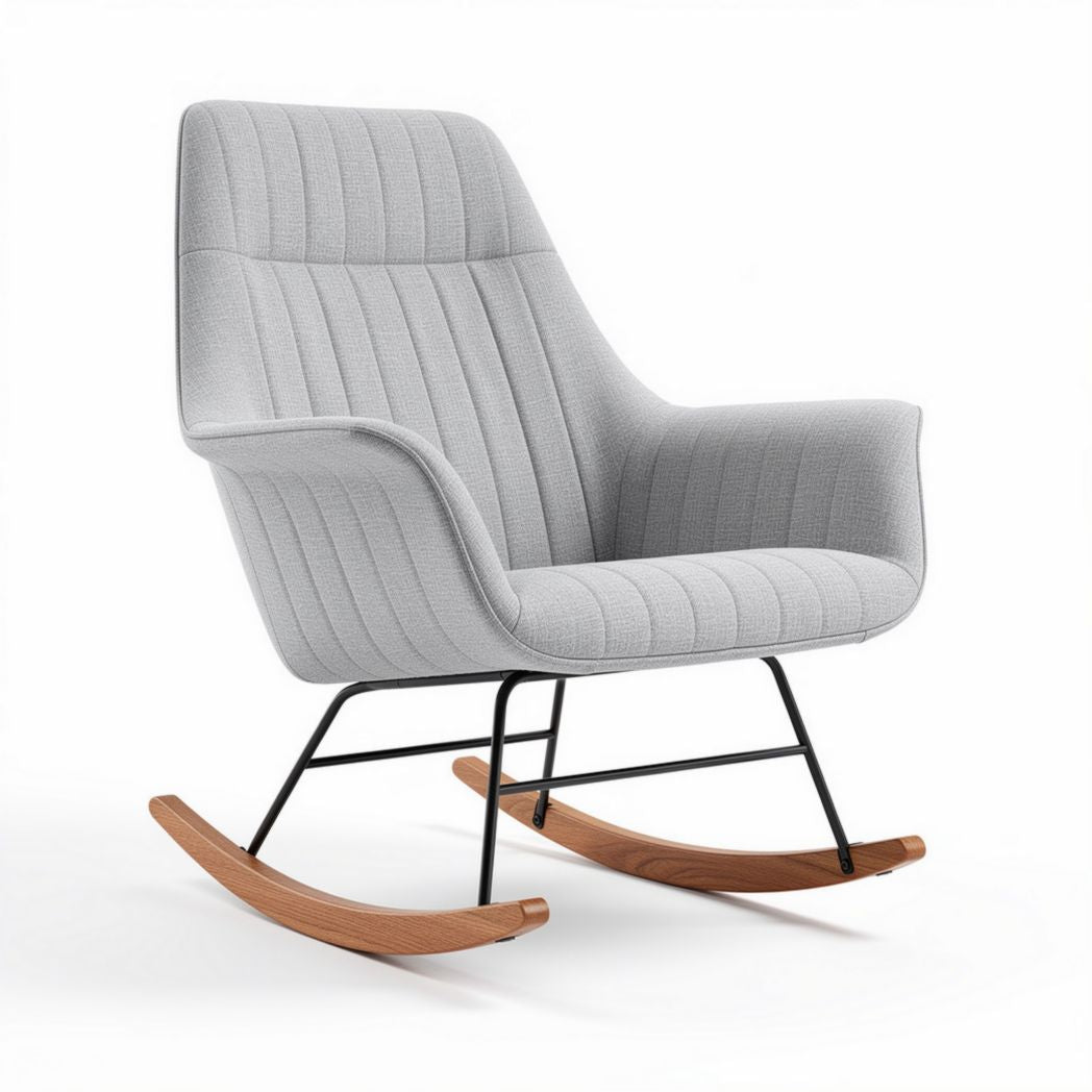 Chaise berçante en tissu grise avec structure en bois et métal dimensions 85 x 75 x 100cm
