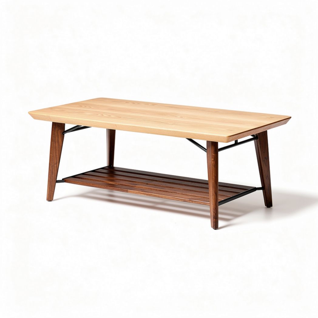 Table basse rectangulaire en bois naturel avec étagère, dimensions 120 x 60 x 45cm